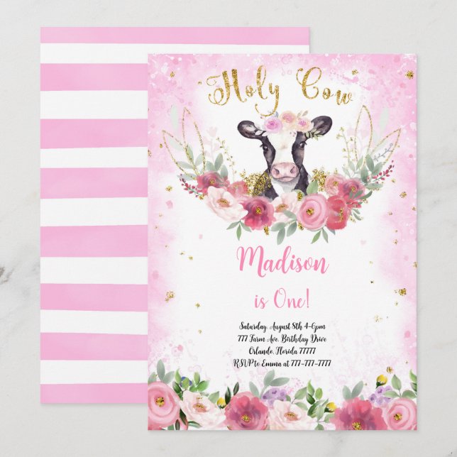 Inbjudan till Cute Cow Birthday (Fram/baksida)