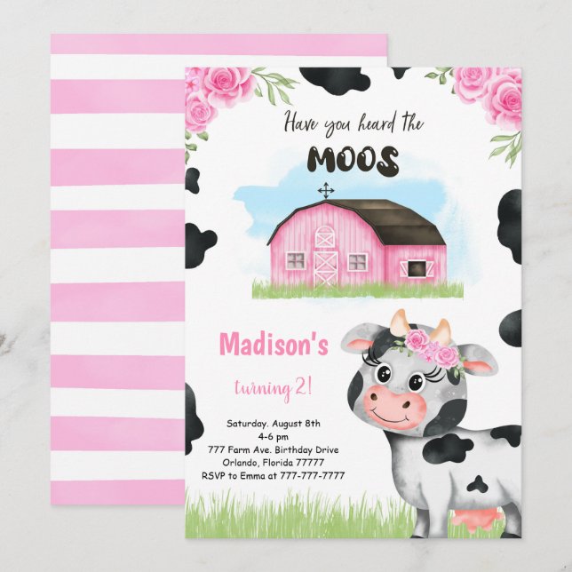 Inbjudan till Cute Cow Birthday (Fram/baksida)