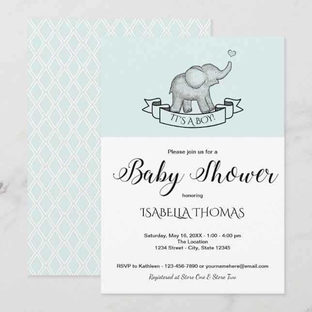 Inbjudan till Cute Elephant Blue Baby Shower (Fram/baksida)