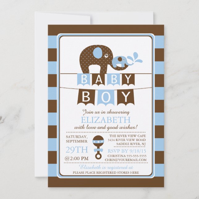 Inbjudan till Cute Elephant Boys Baby Shower (Framsida)