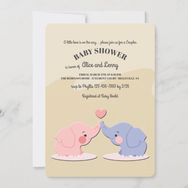 Inbjudan till Cute Elephant Couple Baby Shower (Framsida)