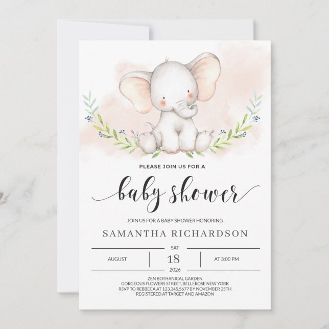  inbjudan till Cute Elephant Girl Baby Shower (Framsida)