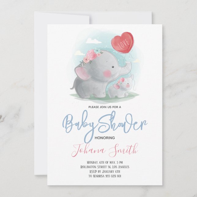 Inbjudan till Cute Elephant Mamma och Baby Shower (Framsida)