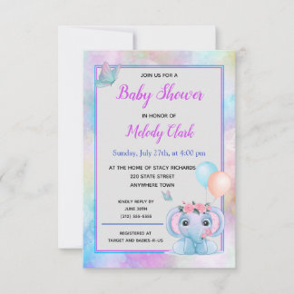 Inbjudan till Cute Elephant Watercolor Baby Shower