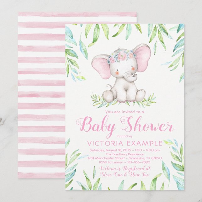 Inbjudan till Cute Flicka Elephant Baby Shower (Fram/baksida)