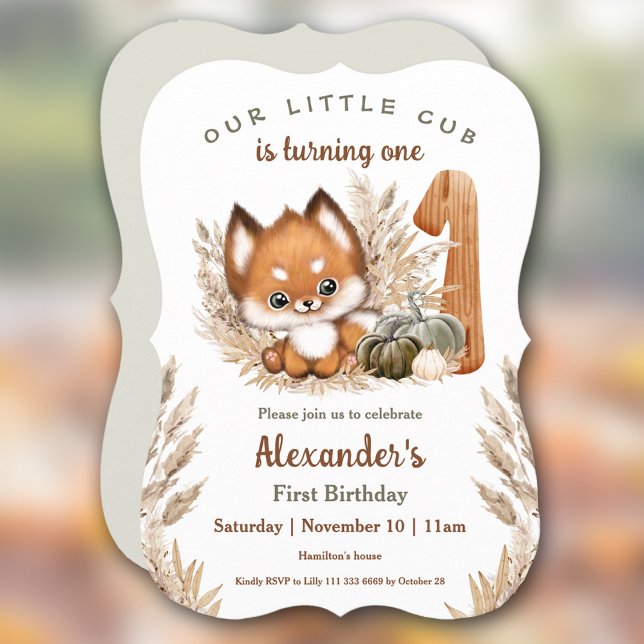 Inbjudan till Cute Fox Fall Boy första födelsedage (First Birthday Cute Fox Fall Boy Invitation)