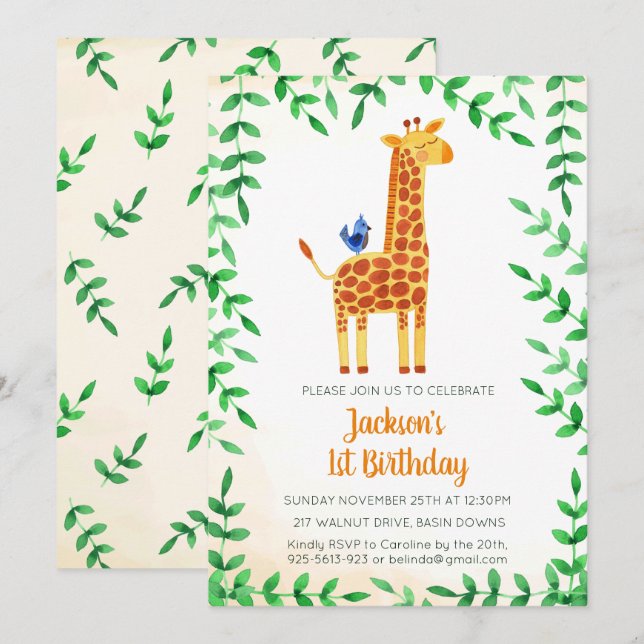 Inbjudan till Cute Giraffe och Bird Birthday (Fram/baksida)