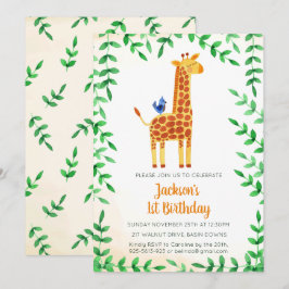 Inbjudan till Cute Giraffe och Bird Birthday