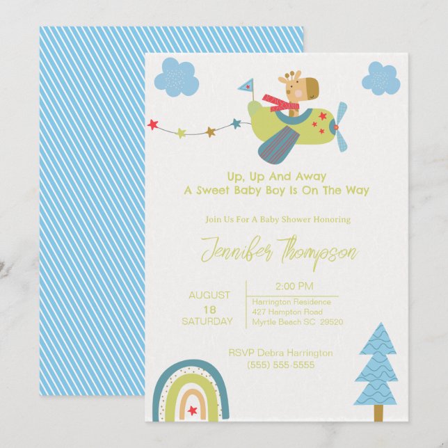 Inbjudan till Cute Giraffe Pilot Baby Shower (Fram/baksida)