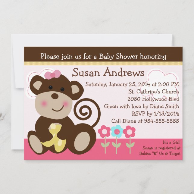 Inbjudan till Cute Girl Monkey Baby Shower (Framsida)