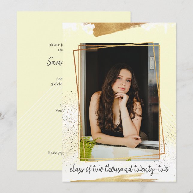 Inbjudan till Cute Gult & Guld Framed Studenten (Fram/baksida)