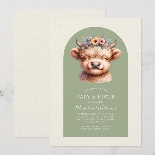Inbjudan till Cute Highland Cow Arch Baby Shower (Fram/baksida)