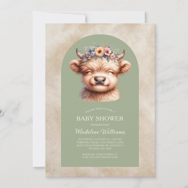 Inbjudan till Cute Highland Cow Arch Baby Shower (Framsida)