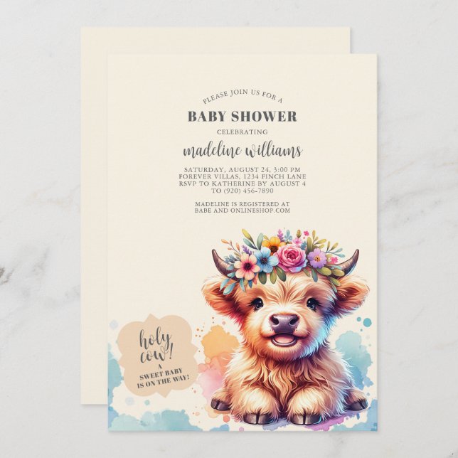 Inbjudan till Cute Highland Cow Baby Shower (Fram/baksida)