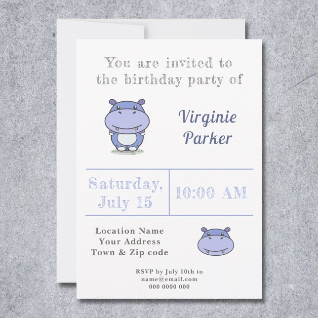 Inbjudan till Cute Hippo Birthday (Cute Hippo Birthday Invitation - Back)