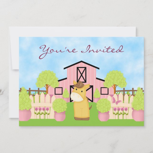 Inbjudan till Cute Horse, Barn och Garden Birthday (Framsida)