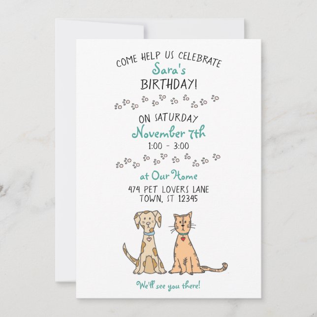 Inbjudan till Cute Hund och Cat Birthday (Framsida)