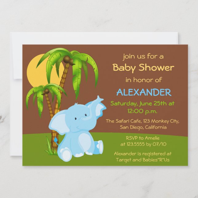 Inbjudan till Cute Jungle Elephant Boy Baby Shower (Framsida)