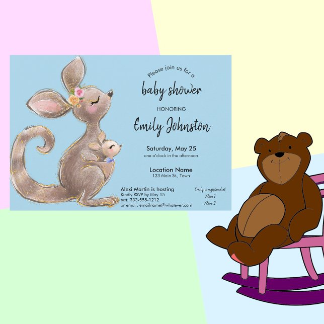 Inbjudan till Cute Kangaroo och Joey Blue Baby Sho (Skapare uppladdad)