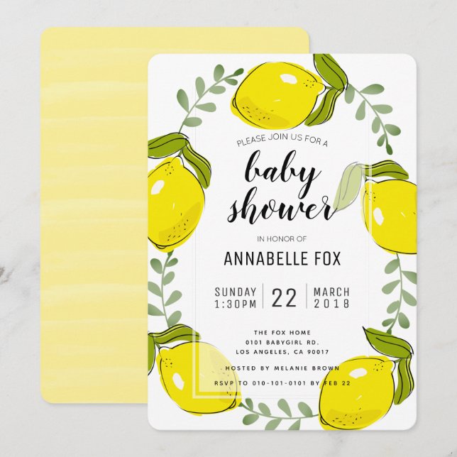 Inbjudan till Cute Lemon Citrus White Baby Shower (Fram/baksida)