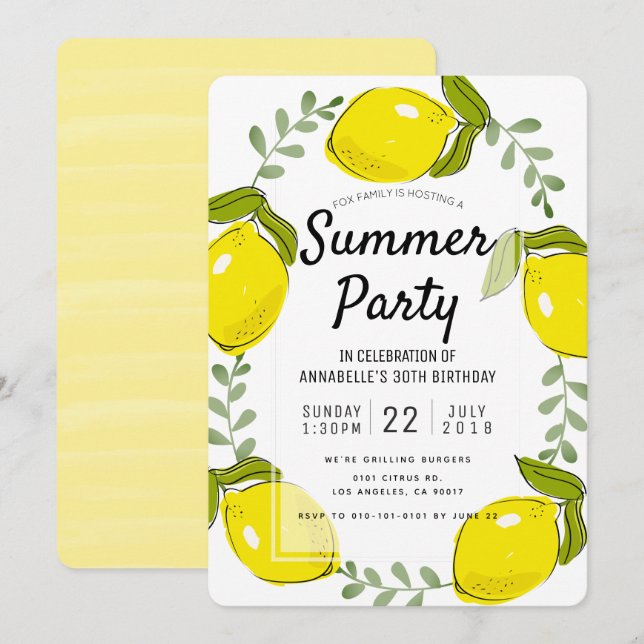 Inbjudan till Cute Lemon Citrus White Summer Party (Fram/baksida)