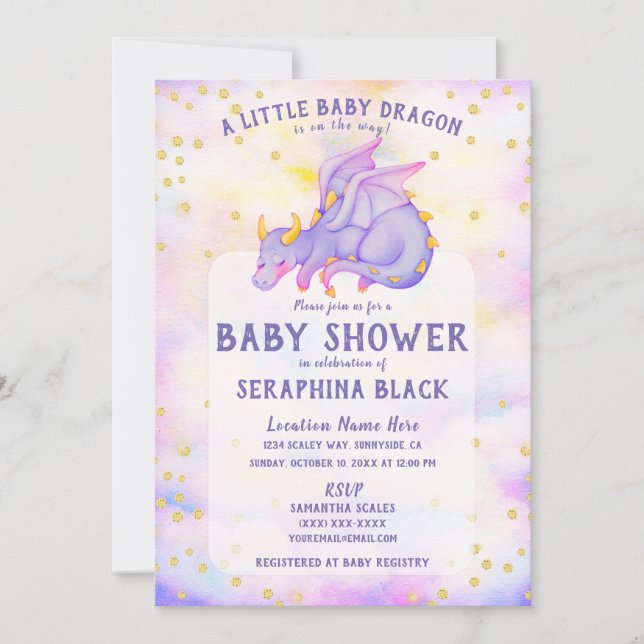 Inbjudan till Cute Lila Dragon Baby Shower (Framsida)