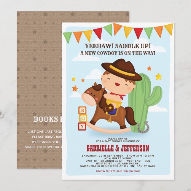 Inbjudan till Cute Little Cowboy Baby Shower-tema (Fram/baksida)