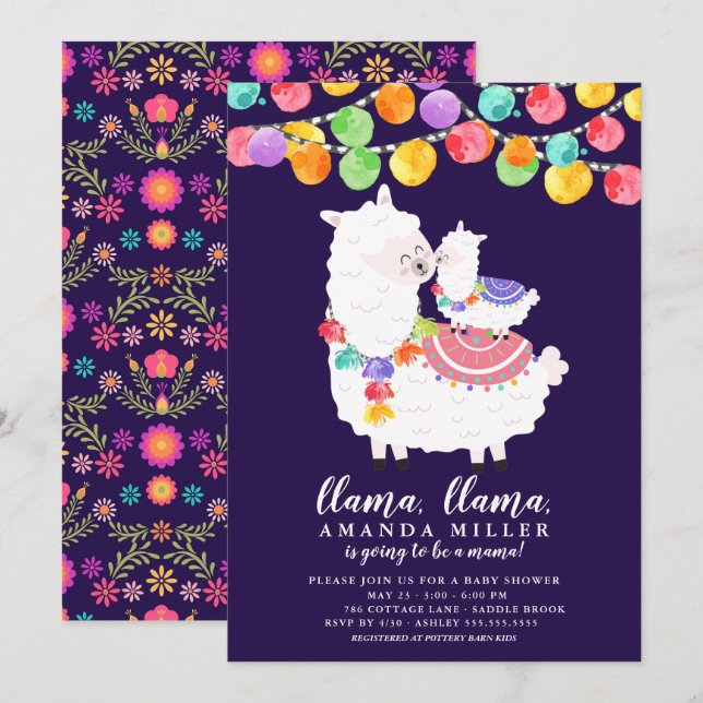 Inbjudan till Cute Llama Mamma Baby Shower (Fram/baksida)