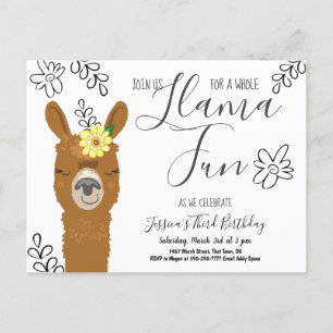 Inbjudan till Cute Llama Roligt Flick kalas Vykort