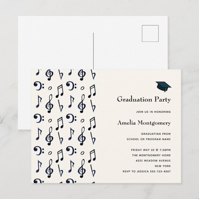 Inbjudan till Cute Musik noter Mönster Studenten Vykort (Fram/baksida)