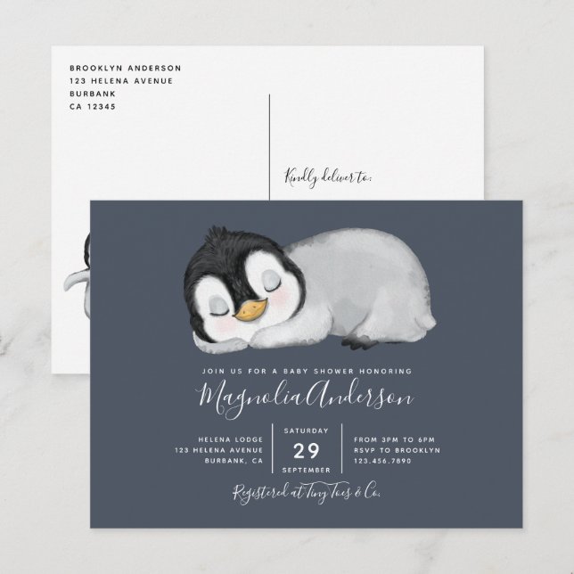 Inbjudan till Cute Penguin Baby Shower (Fram/baksida)