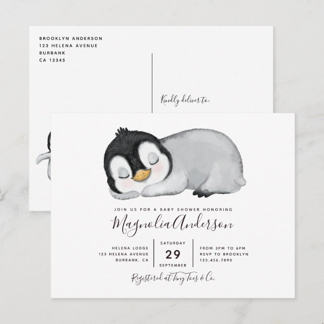 Inbjudan till Cute Penguin Baby Shower (Fram/baksida)