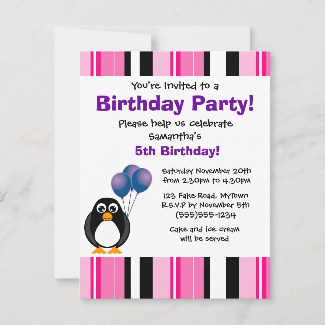 Inbjudan till Cute Penguin Birthday Rosa Lila Part (Framsida)