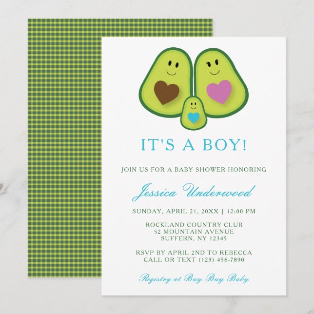 Inbjudan till Cute Play Avocado Boy Baby Shower (Fram/baksida)