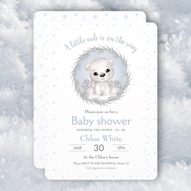 Inbjudan till Cute Polar Bear Boy White Baby Showe (Cute Polar Bear Boy White Baby Shower Invitation)