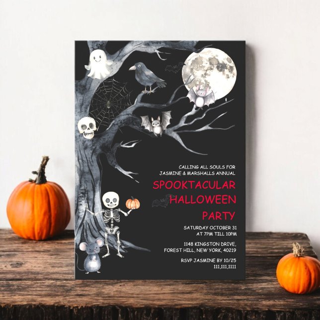 Inbjudan till Cute Pooky Costume Halloween fest (family halloween party invitation modern watercolor spooky but fun
)