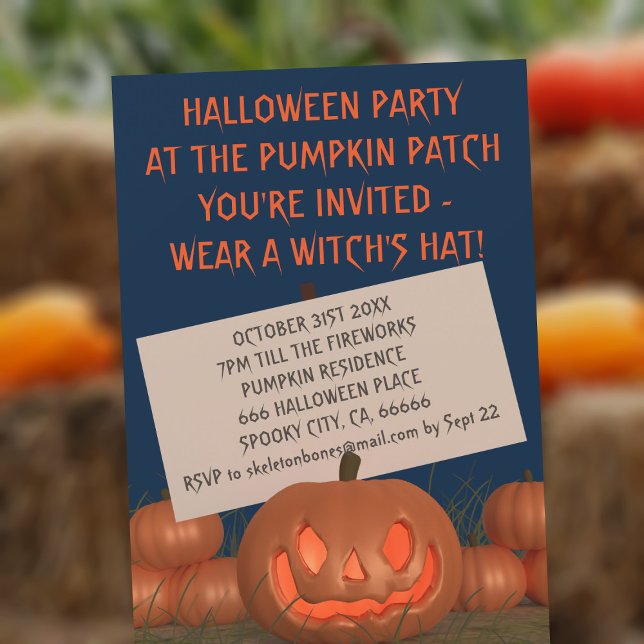 Inbjudan till Cute Pumpkin Patch Halloween fest (You're invited to wear a witches hat at your Halloween party! Fun pumpkin invitation!)