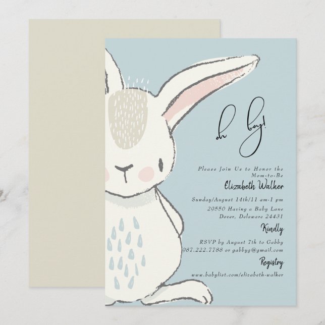 Inbjudan till Cute Rabbit Dusty Blue Baby Shower (Fram/baksida)