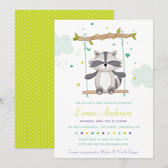Inbjudan till Cute Raccoon Baby Shower (Fram/baksida)