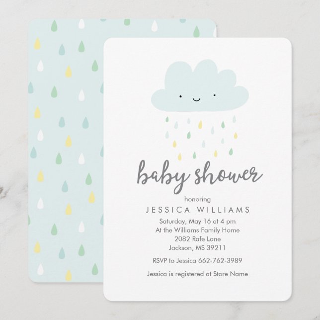 Inbjudan till Cute Rainy Cloud Baby Shower i blått (Fram/baksida)