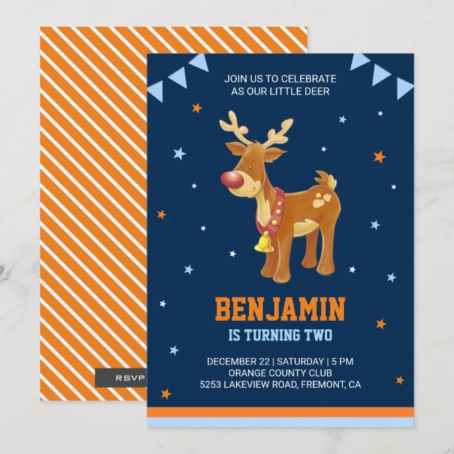 Inbjudan till Cute Reindeer-partiet i Barns födels (Fram/baksida)