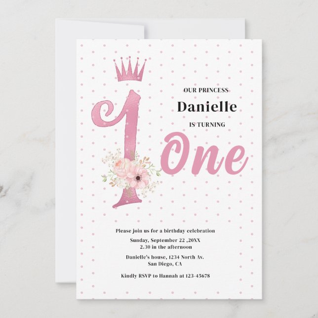 Inbjudan till Cute Rosa Girl First Birthday (Framsida)