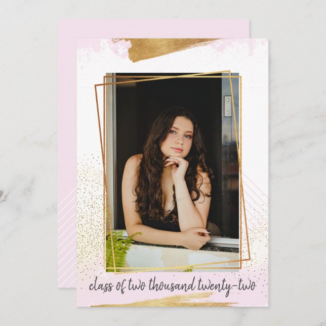 Inbjudan till Cute Rosa & Guld Framed Studenten (Fram/baksida)