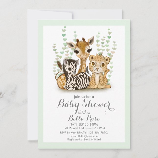Inbjudan till Cute Safari Animal Grönt Baby Shower (Framsida)