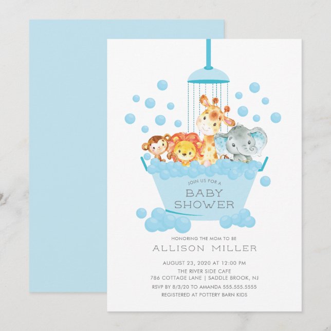 Inbjudan till Cute Safari Animals Shower Boys Baby (Fram/baksida)