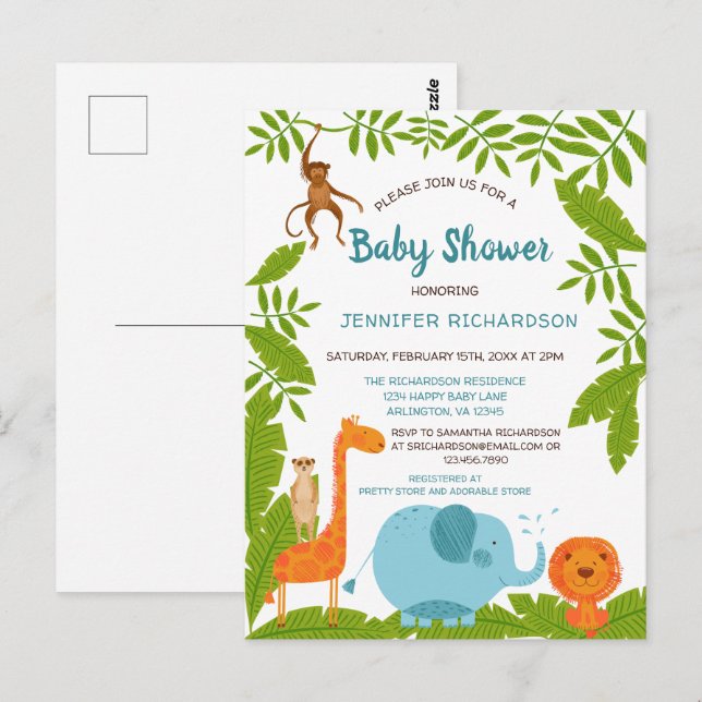 Inbjudan till Cute Safari Jungle Animal Baby Showe (Fram/baksida)