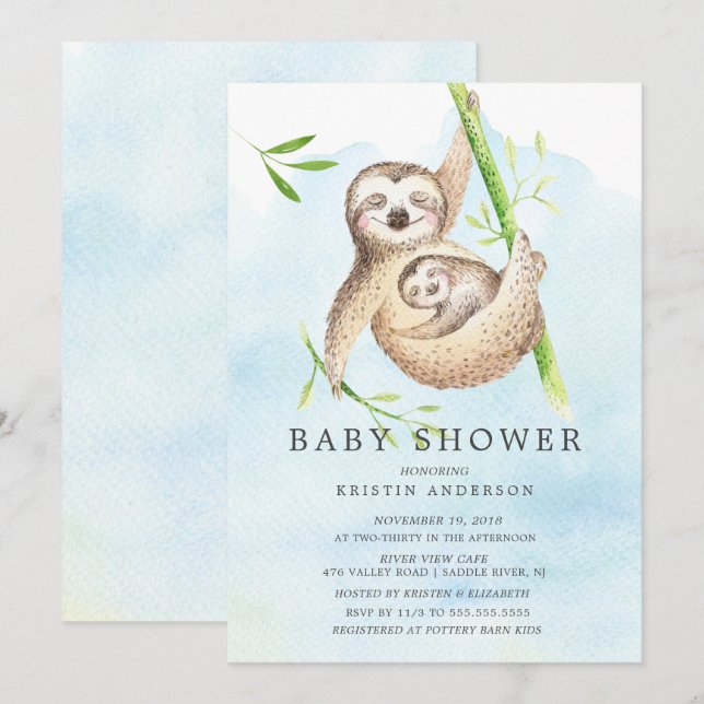 Inbjudan till Cute Sloth Baby Shower (Fram/baksida)