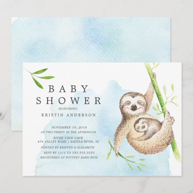 Inbjudan till Cute Sloth Baby Shower (Fram/baksida)
