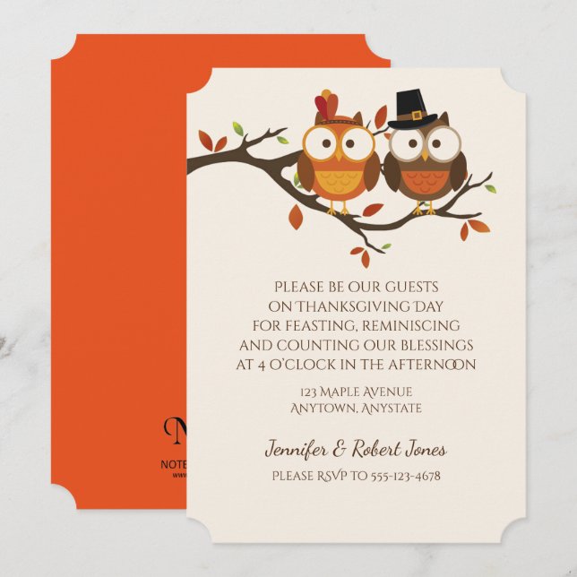 Inbjudan till Cute Thanksgiving Uggla (Fram/baksida)