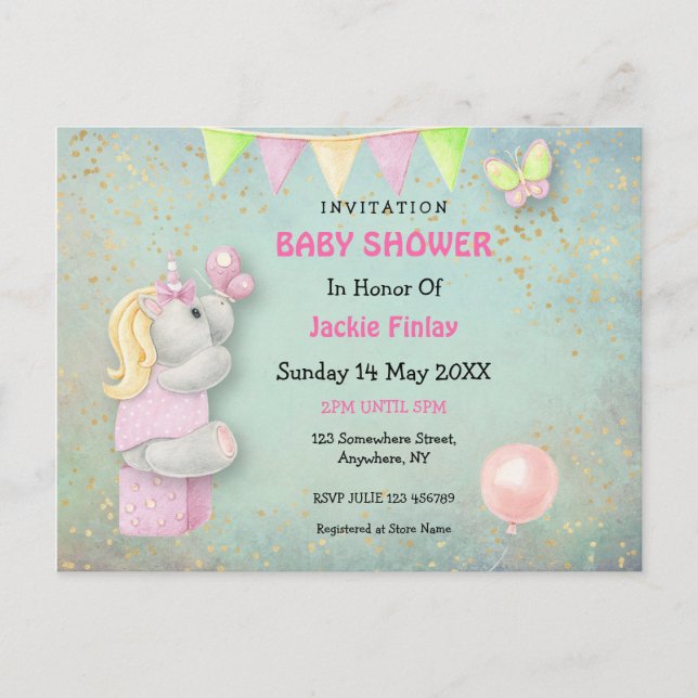 Inbjudan till Cute Unicorn/Butterflies Baby Shower (Framsida)